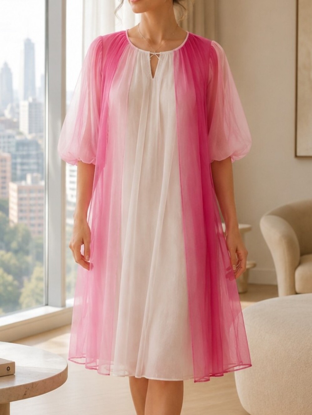 Kayser Vintage Sheer Gradient Pink & White Double Chiffon Peignoir Robe